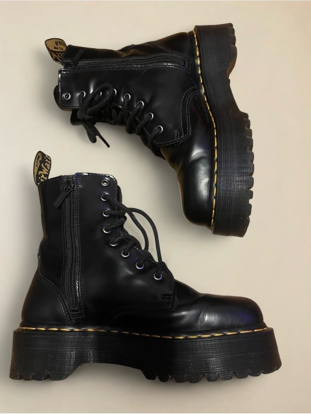 Dr. Martens Black Chunky Platform Lace-Up Boots with Side Zipper. Jadon Smooth